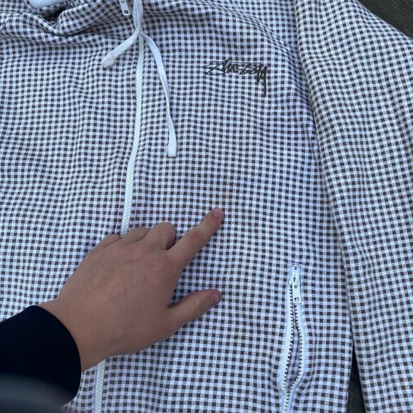 Vintage Stussy Plaid Hoodie Sweatshirt Medium Monogram White - Picture 7 of 12